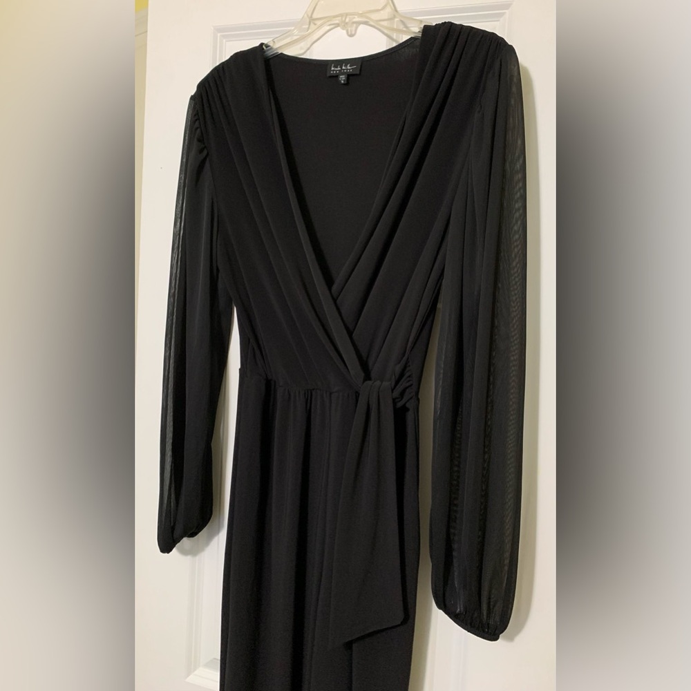 Black Jumpsuit Deep Draped V-neck Sheer Sleeves Whimsy Simple Drama